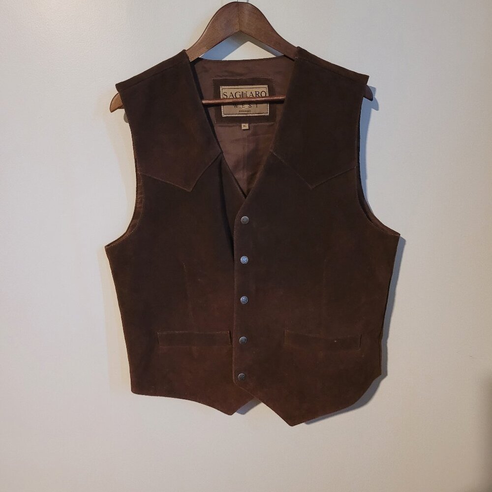 Saguaro Western 100% Suede Leather Brown Snap Front Vest SZ XL